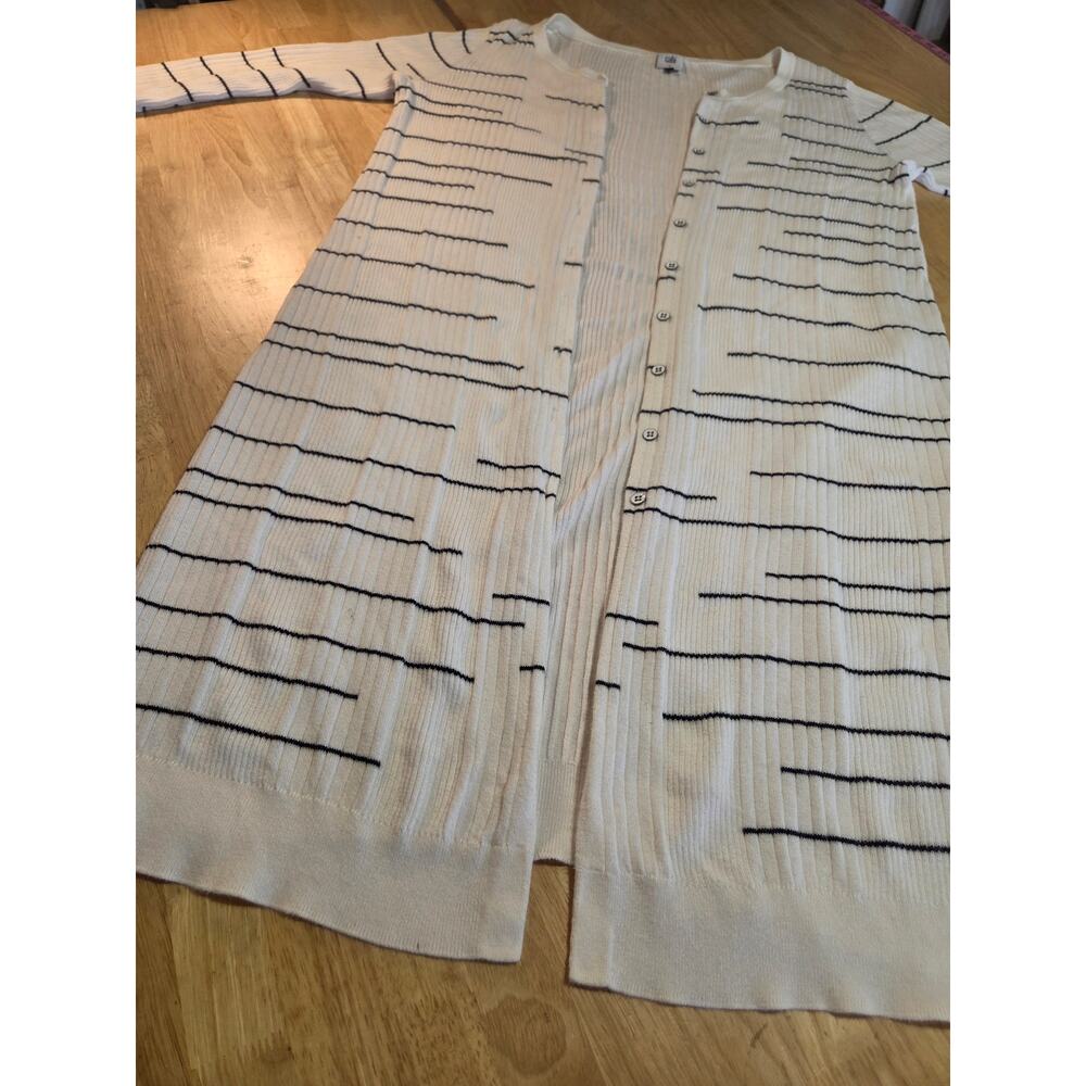 Cabi size large white long cardigan black stripe horizontal close knit cotton - Picture 3 of 13
